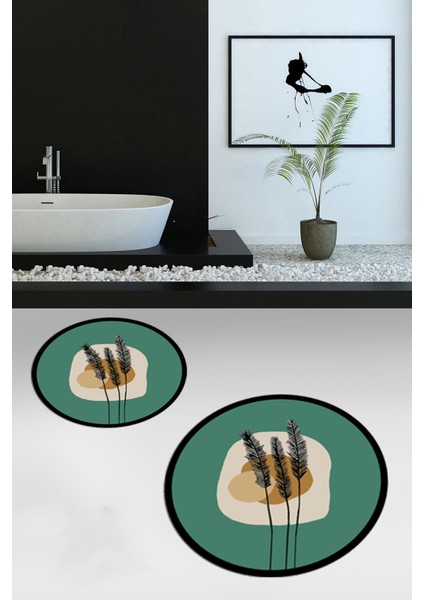 Dijital Baskılı Yıkanabilir Renkli Çiçekli Ikili Banyo Halısı Paspas Yuvarlak, Klozet-28-Yeşil, fiyatları