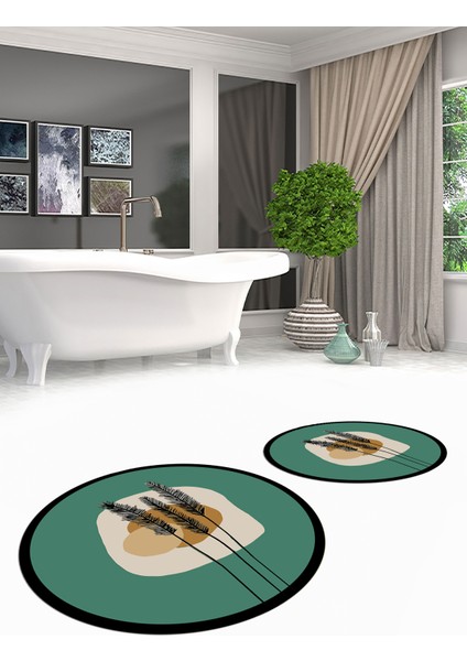 Dijital Baskılı Yıkanabilir Renkli Çiçekli Ikili Banyo Halısı Paspas Yuvarlak, Klozet-28-Yeşil, modelleri