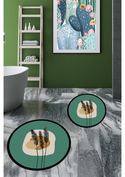 Dijital Baskılı Yıkanabilir Renkli Çiçekli Ikili Banyo Halısı Paspas Yuvarlak, Klozet-28-Yeşil, fırsatları