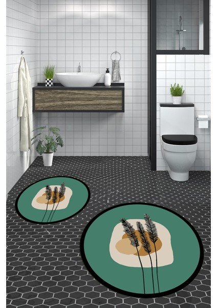 Dijital Baskılı Yıkanabilir Renkli Çiçekli Ikili Banyo Halısı Paspas Yuvarlak, Klozet-28-Yeşil, indirimleri