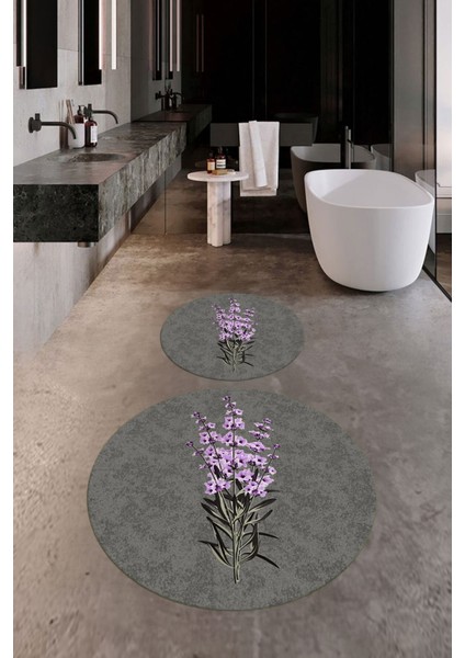 Dijital Baskılı Yıkanabilir Modern Çiçekli Ikili Banyo Halısı Paspas Yuvarlak, Klozet-29-Gri,