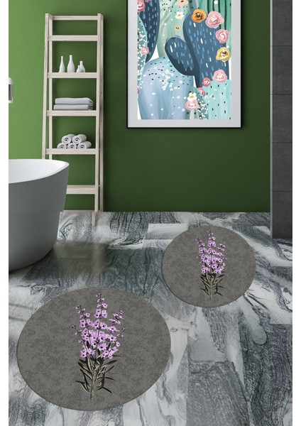 Dijital Baskılı Yıkanabilir Modern Çiçekli Ikili Banyo Halısı Paspas Yuvarlak, Klozet-29-Gri, fırsatları
