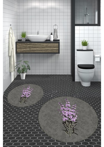 Dijital Baskılı Yıkanabilir Modern Çiçekli Ikili Banyo Halısı Paspas Yuvarlak, Klozet-29-Gri, indirimleri