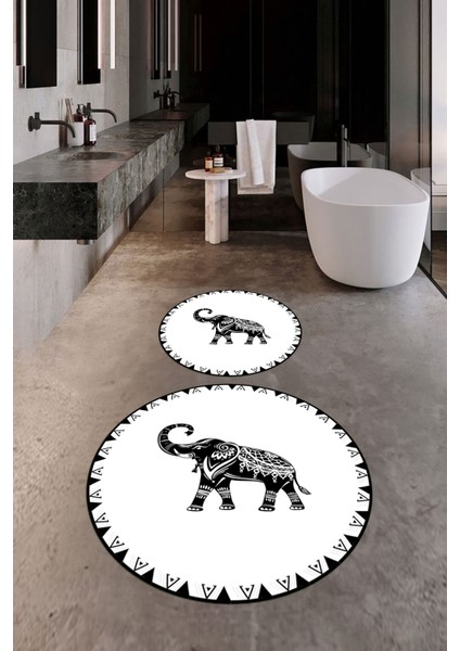 Dijital Baskılı Yıkanabilir Fil Desenli Ikili Banyo Halısı Paspas Yuvarlak, Klozet-32-Beyaz,