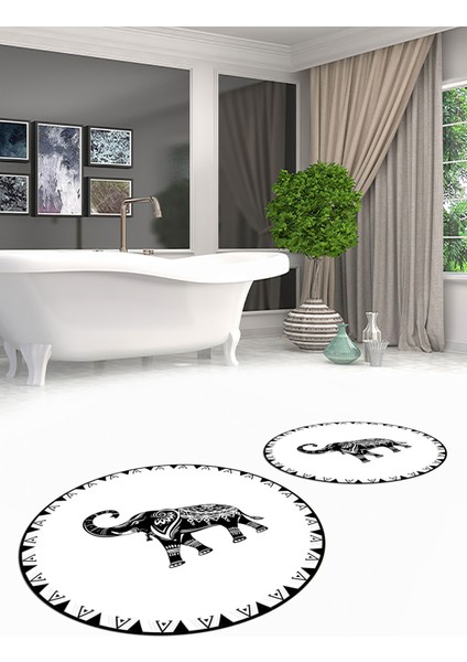 Dijital Baskılı Yıkanabilir Fil Desenli Ikili Banyo Halısı Paspas Yuvarlak, Klozet-32-Beyaz, modelleri