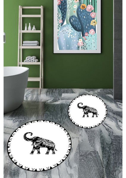 Dijital Baskılı Yıkanabilir Fil Desenli Ikili Banyo Halısı Paspas Yuvarlak, Klozet-32-Beyaz, fırsatları