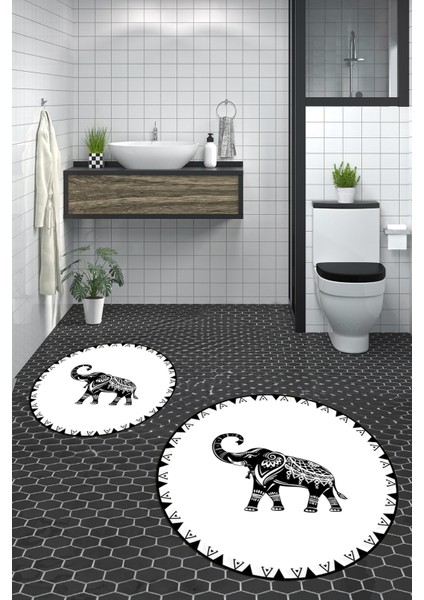 Dijital Baskılı Yıkanabilir Fil Desenli Ikili Banyo Halısı Paspas Yuvarlak, Klozet-32-Beyaz, indirimleri