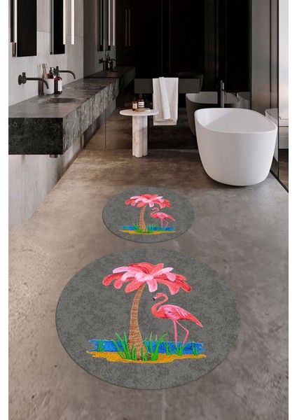 Dijital Baskılı Yıkanabilir Flamingo Desenli Ikili Banyo Halısı Paspas Yuvarlak, Klozet-30-Gri,