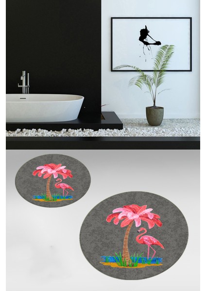 Dijital Baskılı Yıkanabilir Flamingo Desenli Ikili Banyo Halısı Paspas Yuvarlak, Klozet-30-Gri,