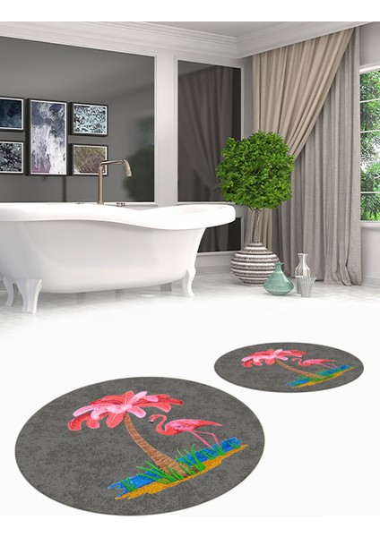 Dijital Baskılı Yıkanabilir Flamingo Desenli Ikili Banyo Halısı Paspas Yuvarlak, Klozet-30-Gri,