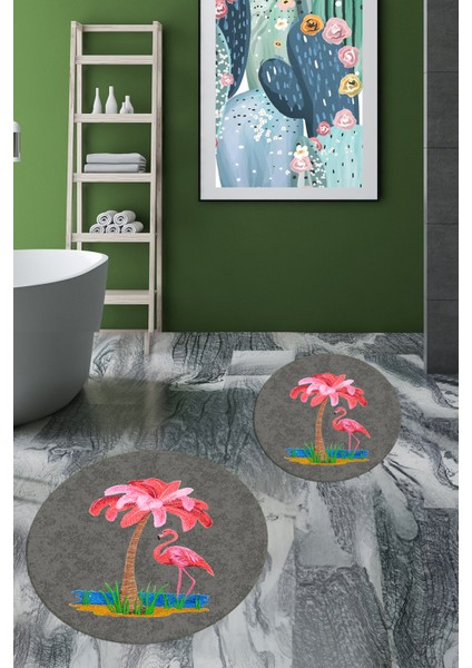 Dijital Baskılı Yıkanabilir Flamingo Desenli Ikili Banyo Halısı Paspas Yuvarlak, Klozet-30-Gri,