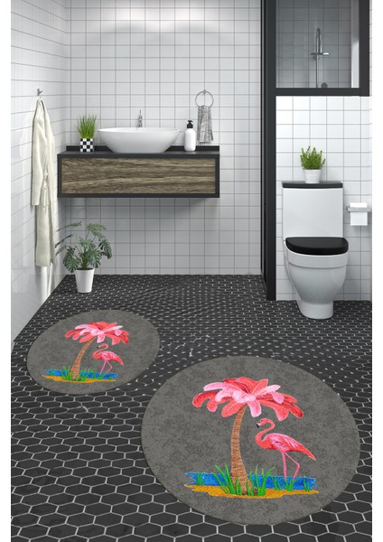 Dijital Baskılı Yıkanabilir Flamingo Desenli Ikili Banyo Halısı Paspas Yuvarlak, Klozet-30-Gri,