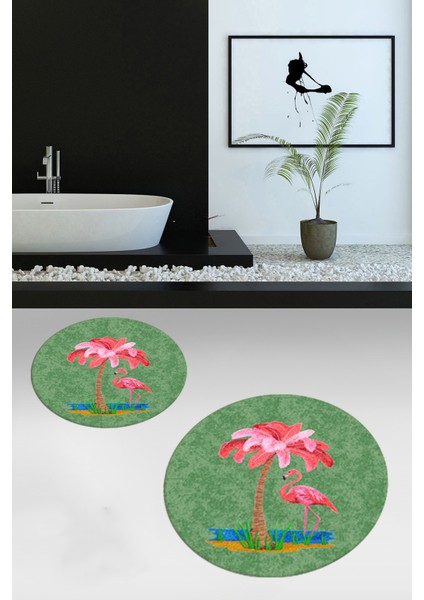 Dijital Baskılı Yıkanabilir Flamingo Desenli Ikili Banyo Halısı Paspas Yuvarlak, Klozet-30-Yeşil, fiyatları