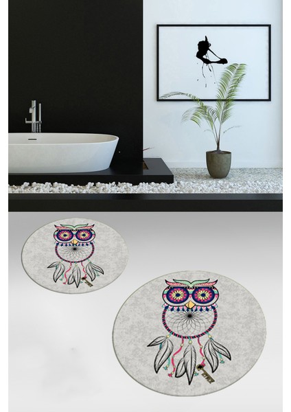 Dijital Baskılı Yıkanabilir Baykuş Desenli Ikili Banyo Halısı Paspas Yuvarlak, Klozet-35-Gri,