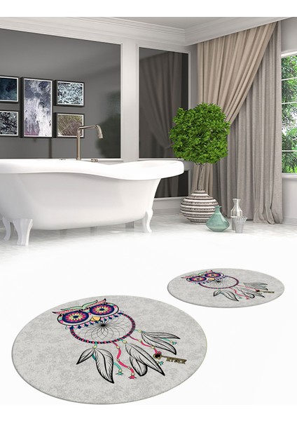 Dijital Baskılı Yıkanabilir Baykuş Desenli Ikili Banyo Halısı Paspas Yuvarlak, Klozet-35-Gri, fiyatları