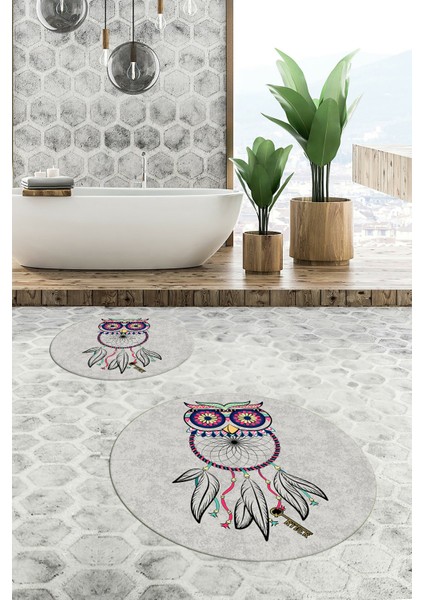 Dijital Baskılı Yıkanabilir Baykuş Desenli Ikili Banyo Halısı Paspas Yuvarlak, Klozet-35-Gri, indirimleri