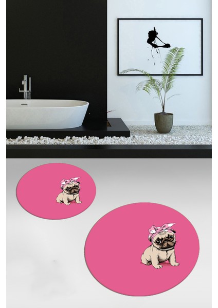 Dijital Baskılı Yıkanabilir Sevimli Köpek Ikili Banyo Halısı Paspas Yuvarlak, Klozet-38-Pembe,