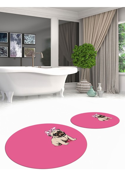 Dijital Baskılı Yıkanabilir Sevimli Köpek Ikili Banyo Halısı Paspas Yuvarlak, Klozet-38-Pembe, fiyatları