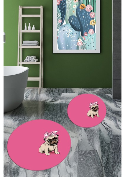 Dijital Baskılı Yıkanabilir Sevimli Köpek Ikili Banyo Halısı Paspas Yuvarlak, Klozet-38-Pembe, modelleri