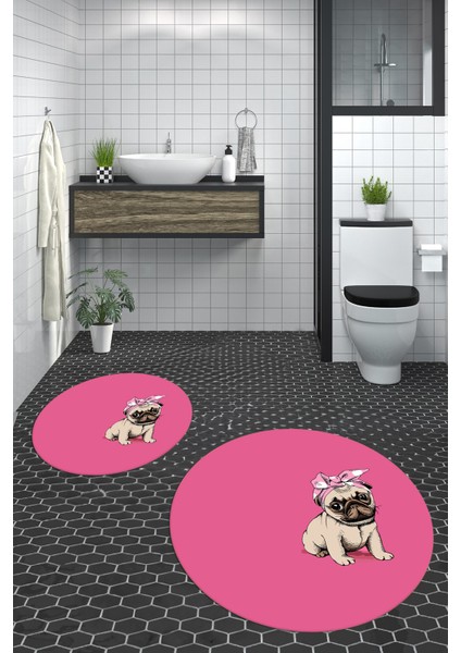 Dijital Baskılı Yıkanabilir Sevimli Köpek Ikili Banyo Halısı Paspas Yuvarlak, Klozet-38-Pembe, fırsatları