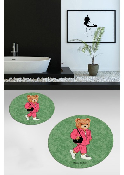 Dijital Baskılı Yıkanabilir Ayıcık Desenli Ikili Banyo Halısı Paspas Yuvarlak, Klozet-34-Yeşil,