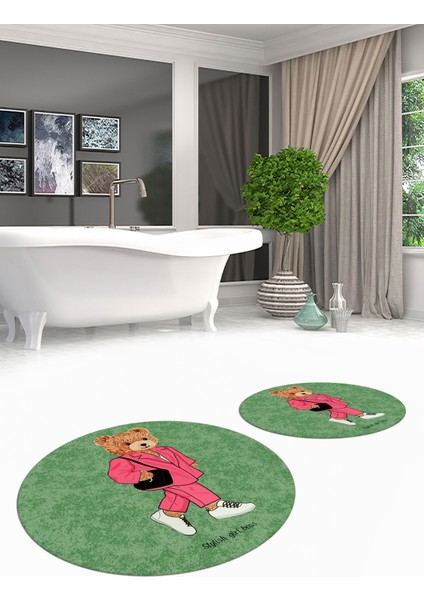 Dijital Baskılı Yıkanabilir Ayıcık Desenli Ikili Banyo Halısı Paspas Yuvarlak, Klozet-34-Yeşil, fiyatları