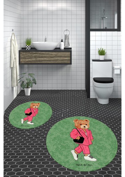 Dijital Baskılı Yıkanabilir Ayıcık Desenli Ikili Banyo Halısı Paspas Yuvarlak, Klozet-34-Yeşil, fırsatları