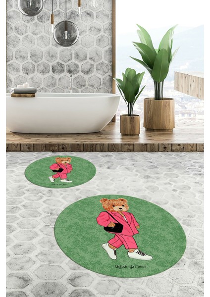 Dijital Baskılı Yıkanabilir Ayıcık Desenli Ikili Banyo Halısı Paspas Yuvarlak, Klozet-34-Yeşil, indirimleri