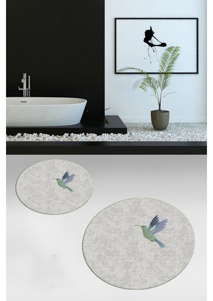Dijital Baskılı Yıkanabilir Modern Kuş Desenli Ikili Banyo Halısı Paspas Yuvarlak, Klozet-36-Gri,