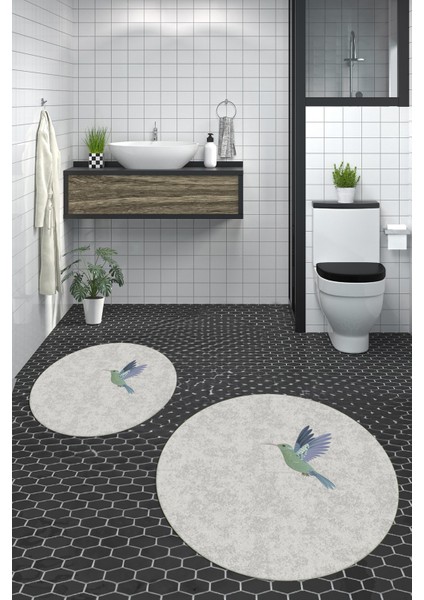Dijital Baskılı Yıkanabilir Modern Kuş Desenli Ikili Banyo Halısı Paspas Yuvarlak, Klozet-36-Gri, fırsatları
