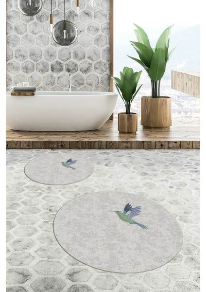 Dijital Baskılı Yıkanabilir Modern Kuş Desenli Ikili Banyo Halısı Paspas Yuvarlak, Klozet-36-Gri, indirimleri