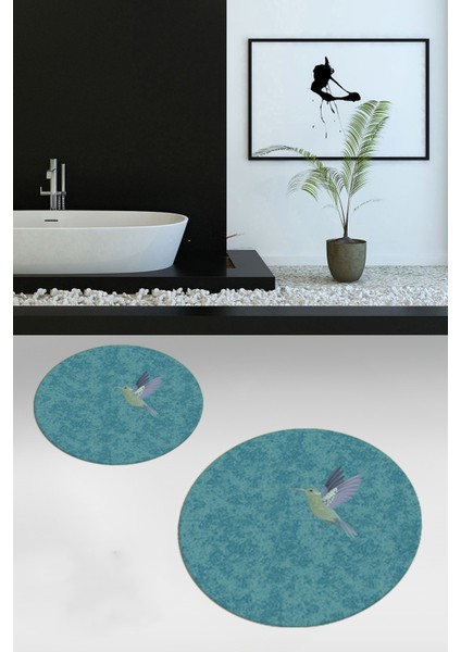 Dijital Baskılı Yıkanabilir Modern Kuş Desenli Ikili Banyo Halısı Paspas Yuvarlak, Klozet-36-Mavi,
