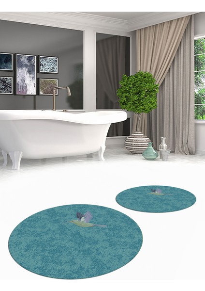 Dijital Baskılı Yıkanabilir Modern Kuş Desenli Ikili Banyo Halısı Paspas Yuvarlak, Klozet-36-Mavi, fiyatları