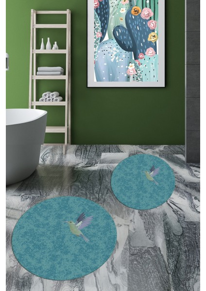 Dijital Baskılı Yıkanabilir Modern Kuş Desenli Ikili Banyo Halısı Paspas Yuvarlak, Klozet-36-Mavi, modelleri