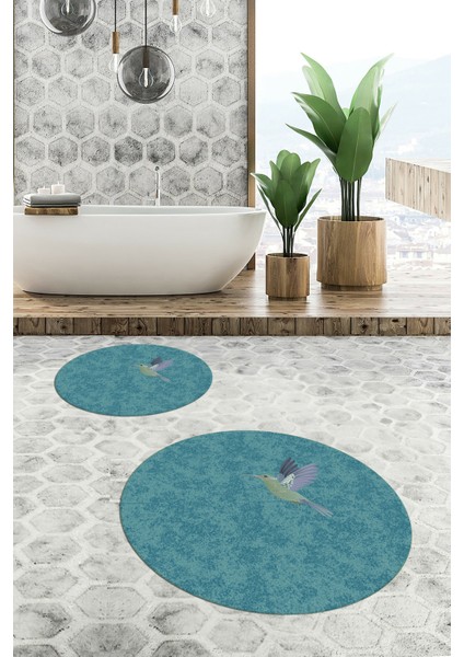 Dijital Baskılı Yıkanabilir Modern Kuş Desenli Ikili Banyo Halısı Paspas Yuvarlak, Klozet-36-Mavi, indirimleri