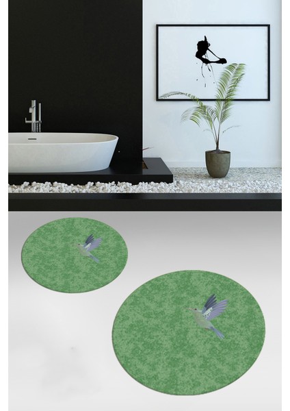 Dijital Baskılı Yıkanabilir Modern Kuş Desenli Ikili Banyo Halısı Paspas Yuvarlak, Klozet-36-Yeşil,