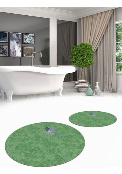 Dijital Baskılı Yıkanabilir Modern Kuş Desenli Ikili Banyo Halısı Paspas Yuvarlak, Klozet-36-Yeşil, fiyatları