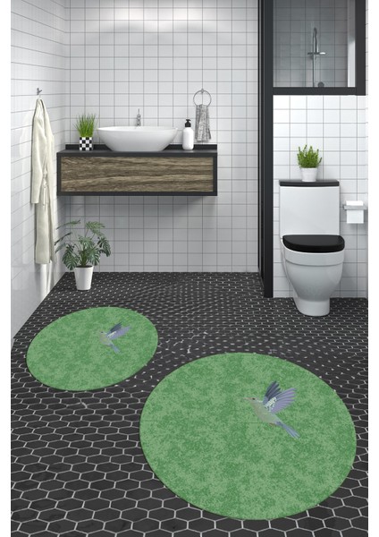 Dijital Baskılı Yıkanabilir Modern Kuş Desenli Ikili Banyo Halısı Paspas Yuvarlak, Klozet-36-Yeşil, fırsatları