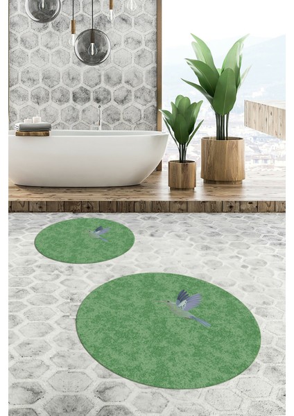 Dijital Baskılı Yıkanabilir Modern Kuş Desenli Ikili Banyo Halısı Paspas Yuvarlak, Klozet-36-Yeşil, indirimleri