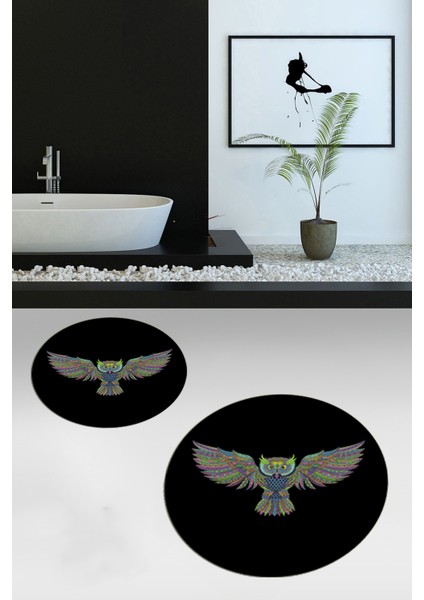 Dijital Baskılı Yıkanabilir Rengarenk Baykuş Ikili Banyo Halısı Paspas Yuvarlak, Klozet-37-Siyah,