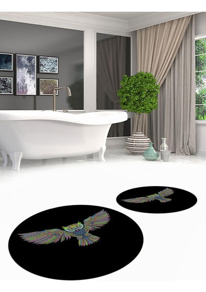 Dijital Baskılı Yıkanabilir Rengarenk Baykuş Ikili Banyo Halısı Paspas Yuvarlak, Klozet-37-Siyah, fiyatları