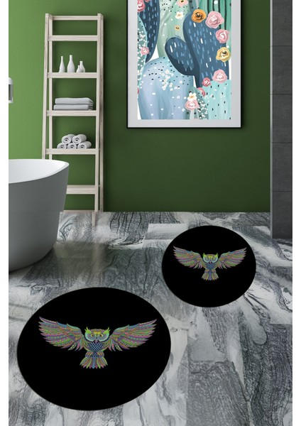 Dijital Baskılı Yıkanabilir Rengarenk Baykuş Ikili Banyo Halısı Paspas Yuvarlak, Klozet-37-Siyah, modelleri