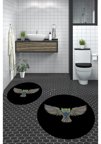 Dijital Baskılı Yıkanabilir Rengarenk Baykuş Ikili Banyo Halısı Paspas Yuvarlak, Klozet-37-Siyah, fırsatları