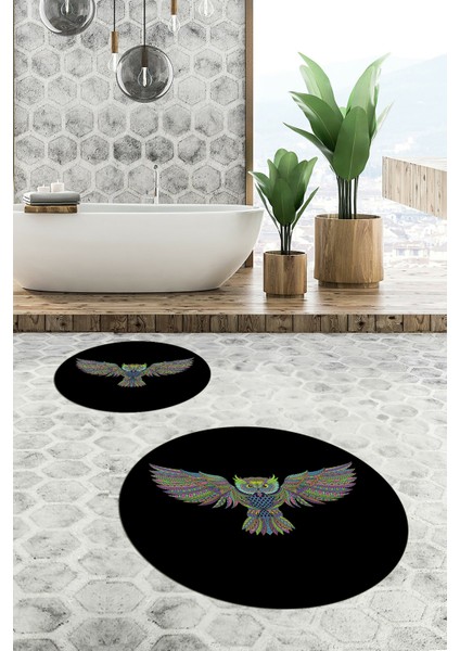 Dijital Baskılı Yıkanabilir Rengarenk Baykuş Ikili Banyo Halısı Paspas Yuvarlak, Klozet-37-Siyah, indirimleri