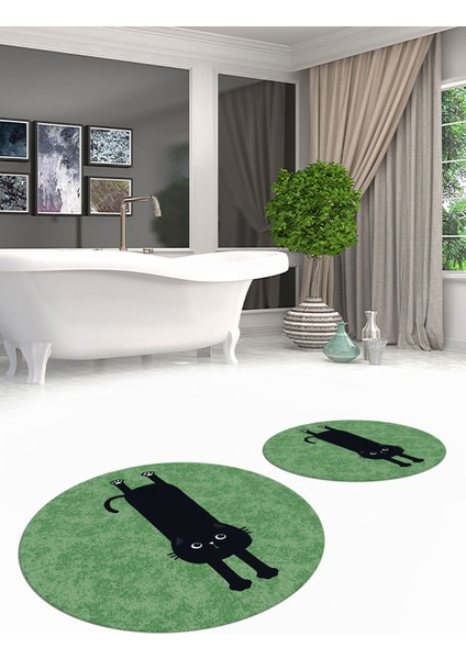 Dijital Baskılı Yıkanabilir Sevimli Kedi Ikili Banyo Halısı Paspas Yuvarlak, Klozet-39-Yeşil,