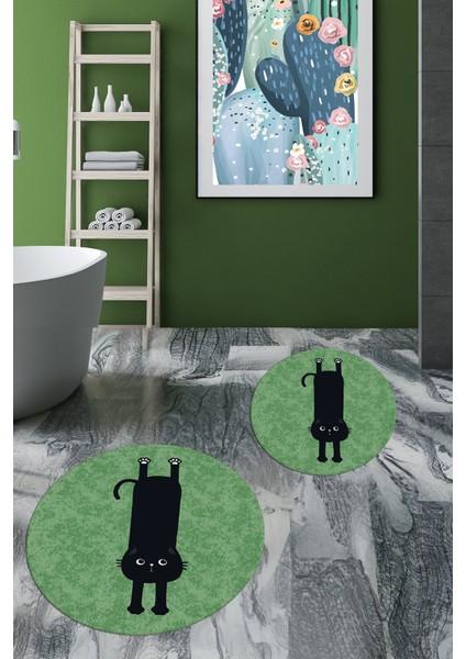 Dijital Baskılı Yıkanabilir Sevimli Kedi Ikili Banyo Halısı Paspas Yuvarlak, Klozet-39-Yeşil, fiyatları