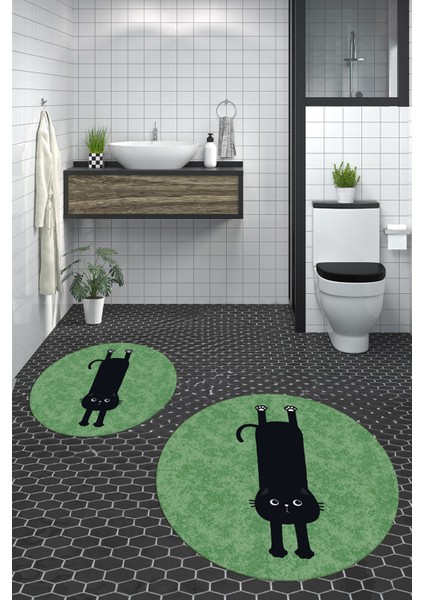 Dijital Baskılı Yıkanabilir Sevimli Kedi Ikili Banyo Halısı Paspas Yuvarlak, Klozet-39-Yeşil, modelleri