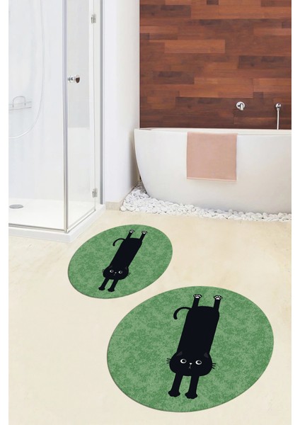 Dijital Baskılı Yıkanabilir Sevimli Kedi Ikili Banyo Halısı Paspas Yuvarlak, Klozet-39-Yeşil, indirimleri
