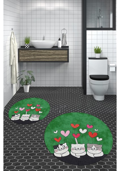 Dijital Baskılı Yıkanabilir Kalipli Kediler Desenli Ikili Banyo Halısı Yuvarlak, Klozet-42-Yeşil, modelleri