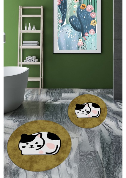 3d Dijital Baskılı Yıkanabilir Kedi Desenli Ikili Banyo Halısı Paspas Yuvarlak, Klozet-43-Kahve,